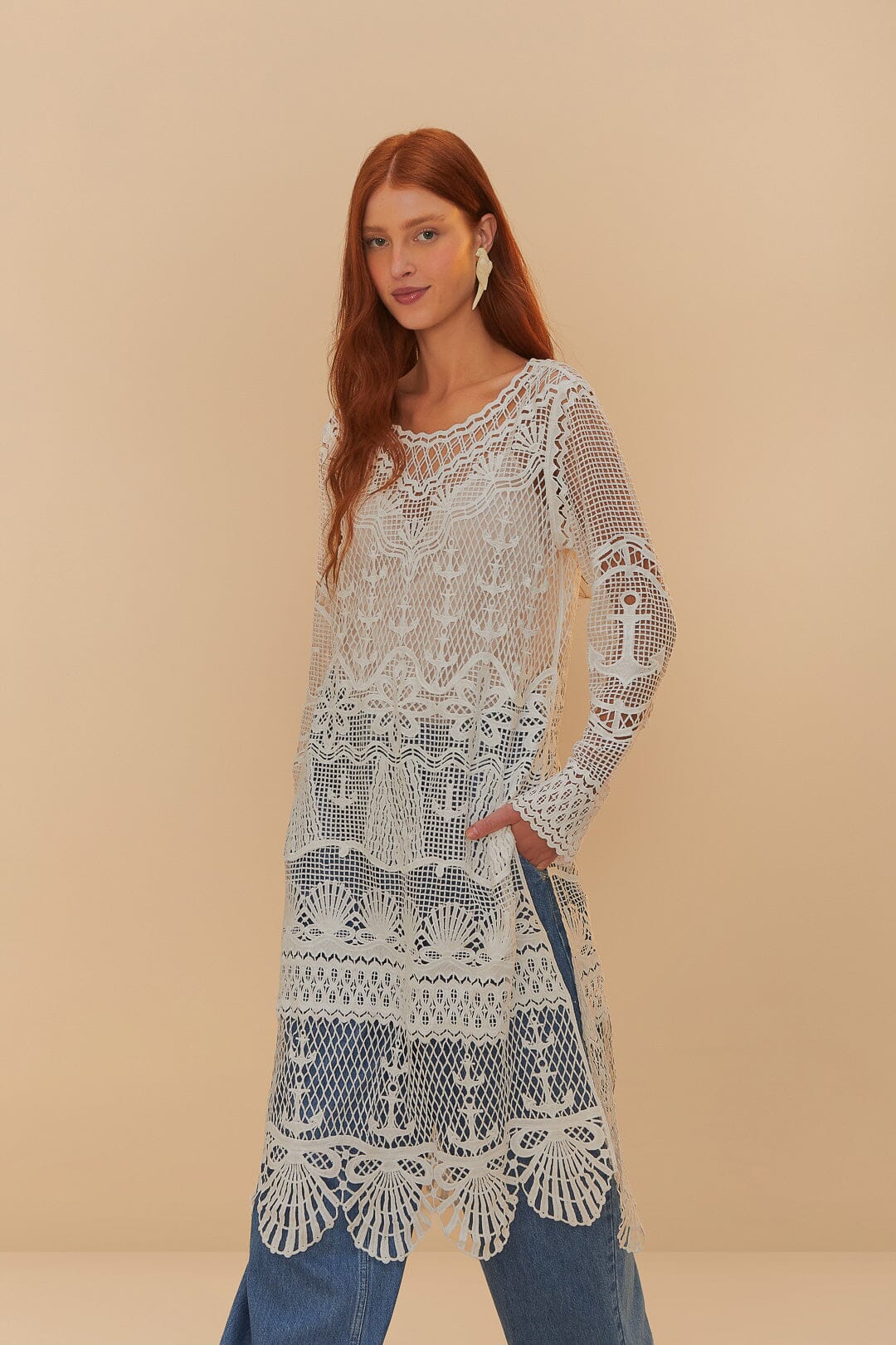 Farm Rio Nautical Guipure Longsleeve Midi Dress – Squash Blossom