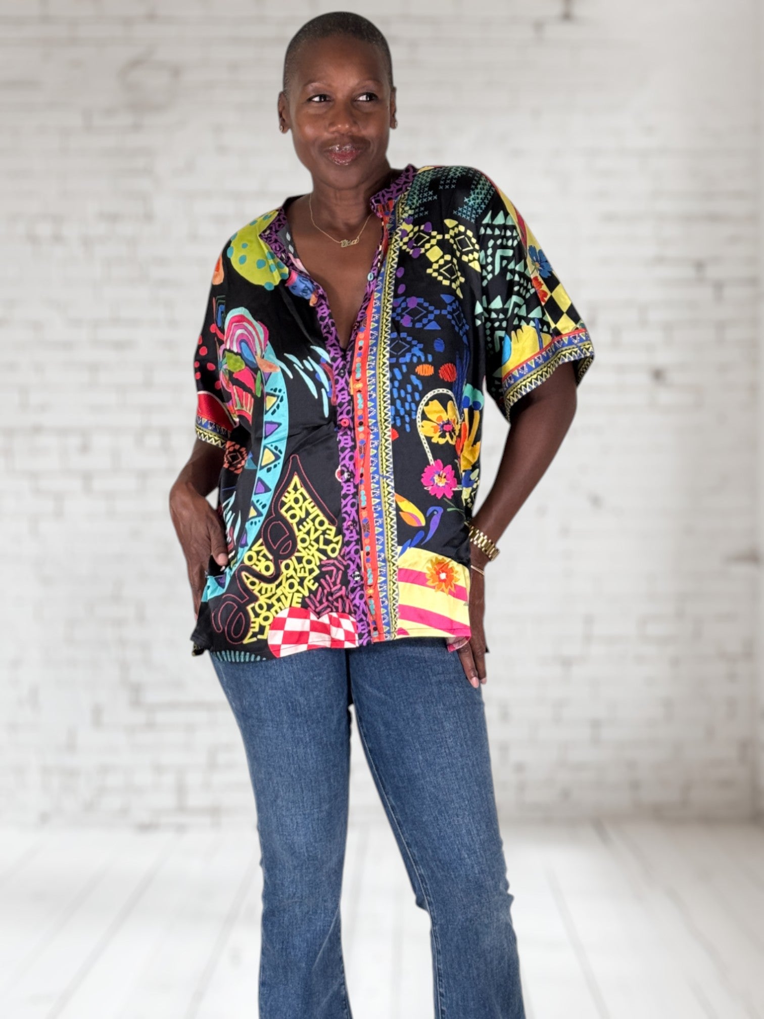 Johnny's - sapyun Johnny Was Audrey Short Sleeve Mandarin Collar Tunic