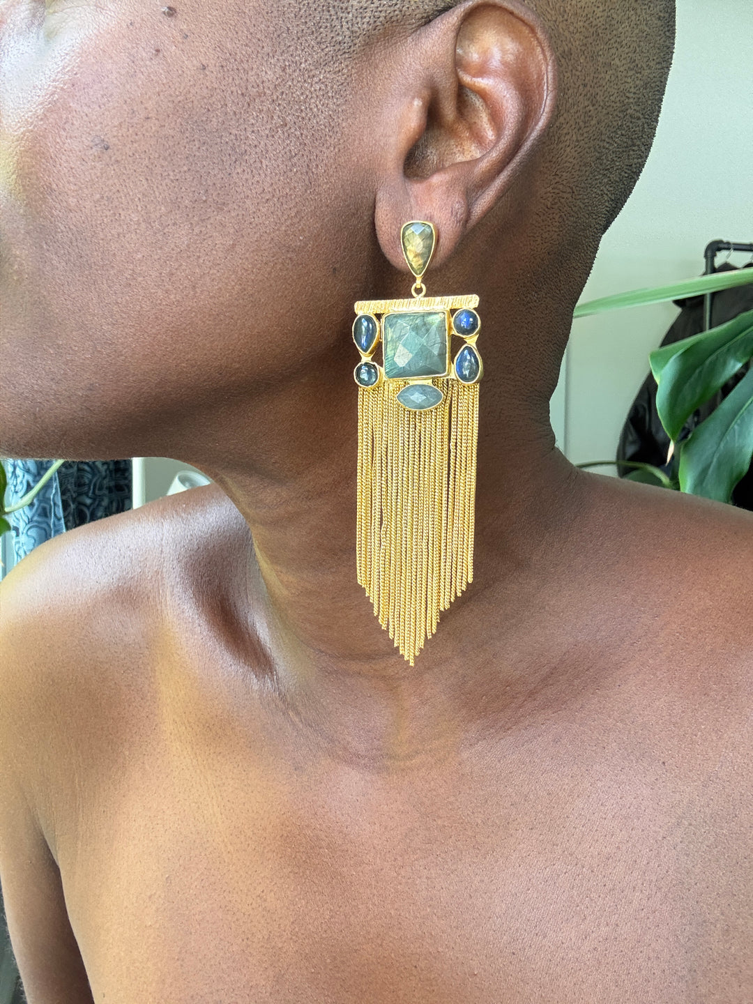 Stone Grid Fringe Earrings Labradorite