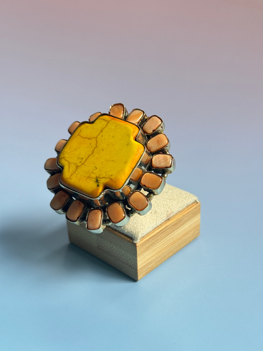 Yellow Cross Peach Agate Adj Ring