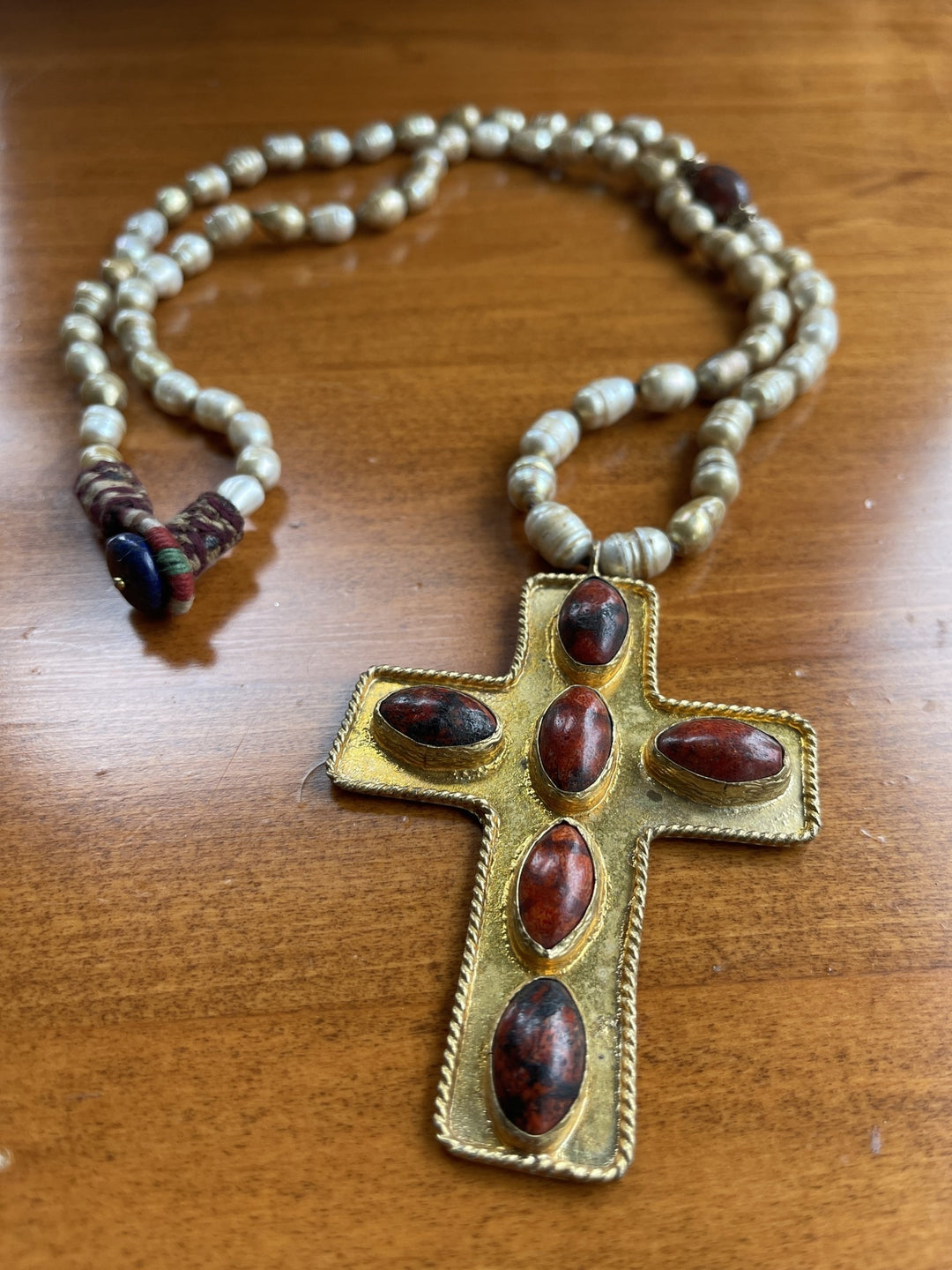 Brown Pearl Red Jasper Cross Necklace