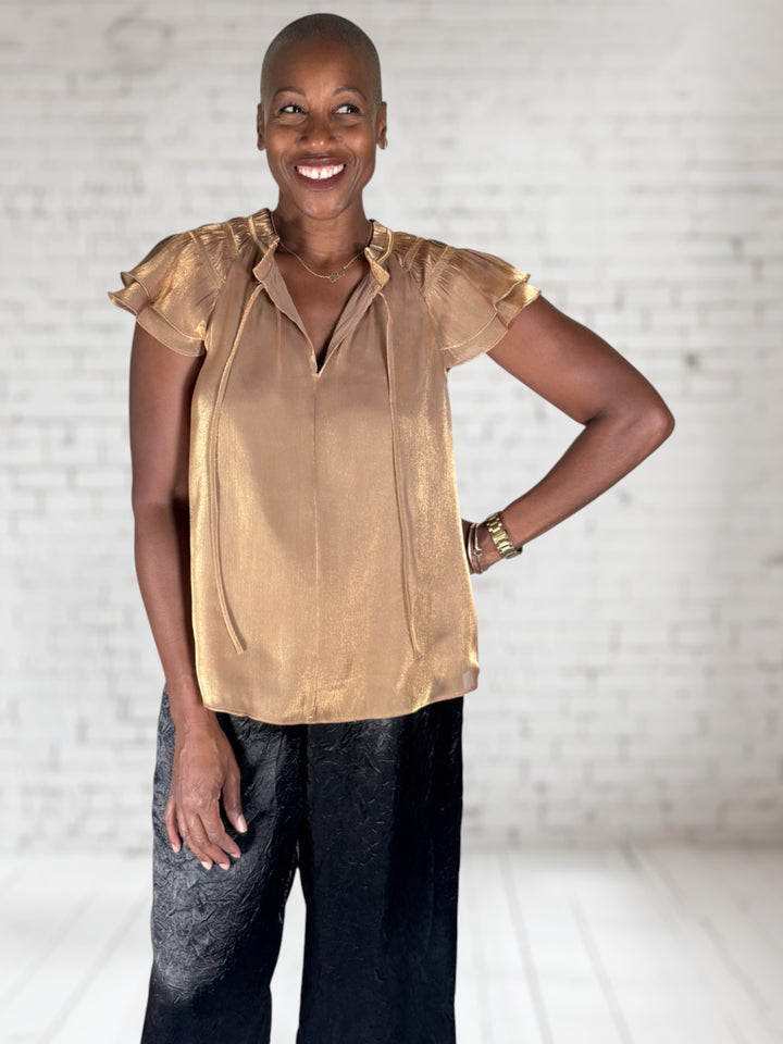 Tie Neck Ruffle Sleeve Top