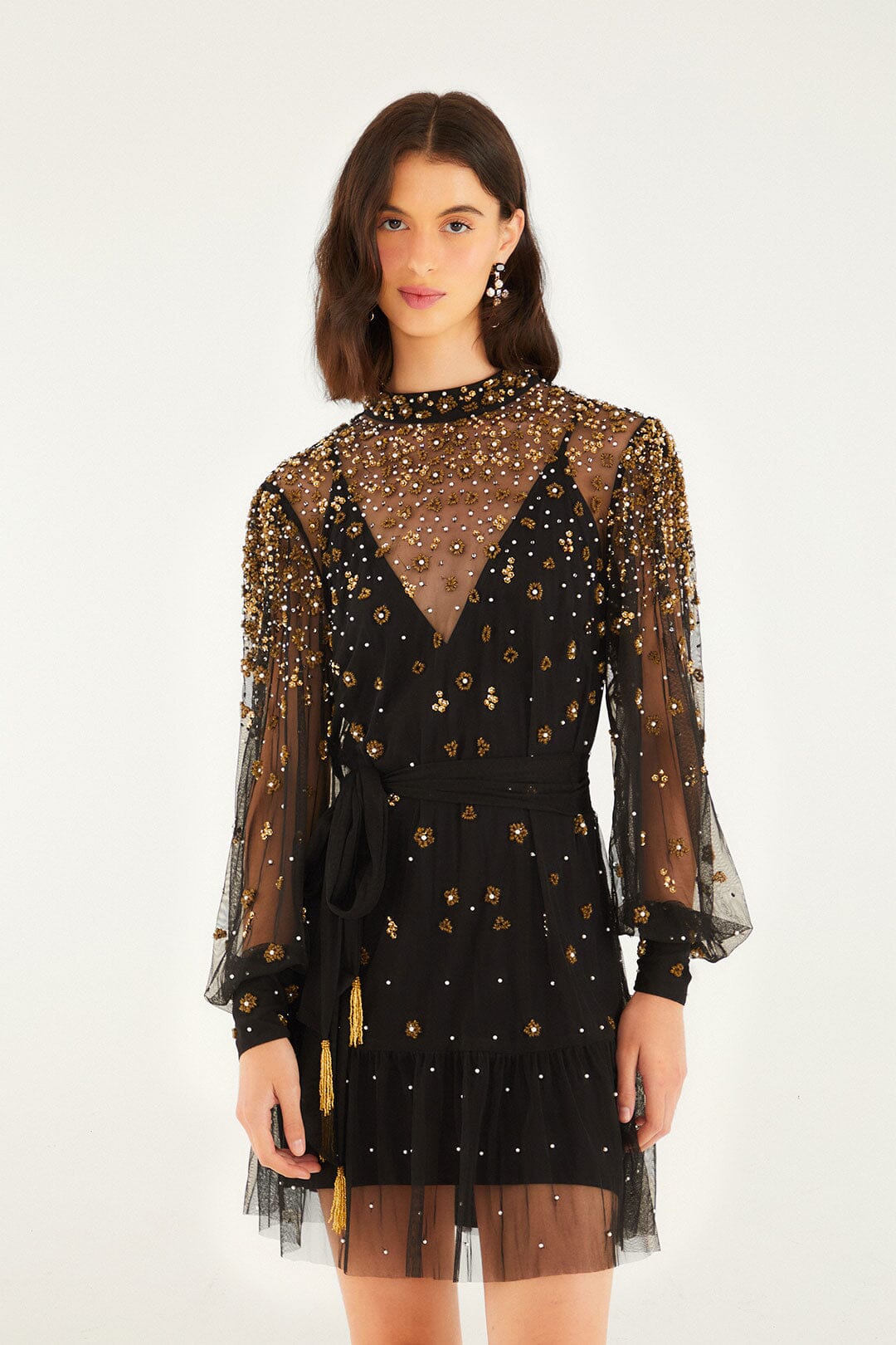 Black Embroidered Tulle Belted Long Sleeve Mini Dress Black / L