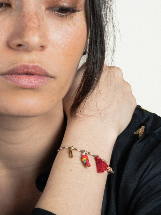 Red Parrot Pom Charm Bracelet