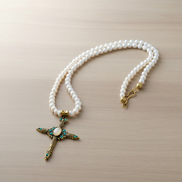 Pearl With Rose Quartz Cross Necklace