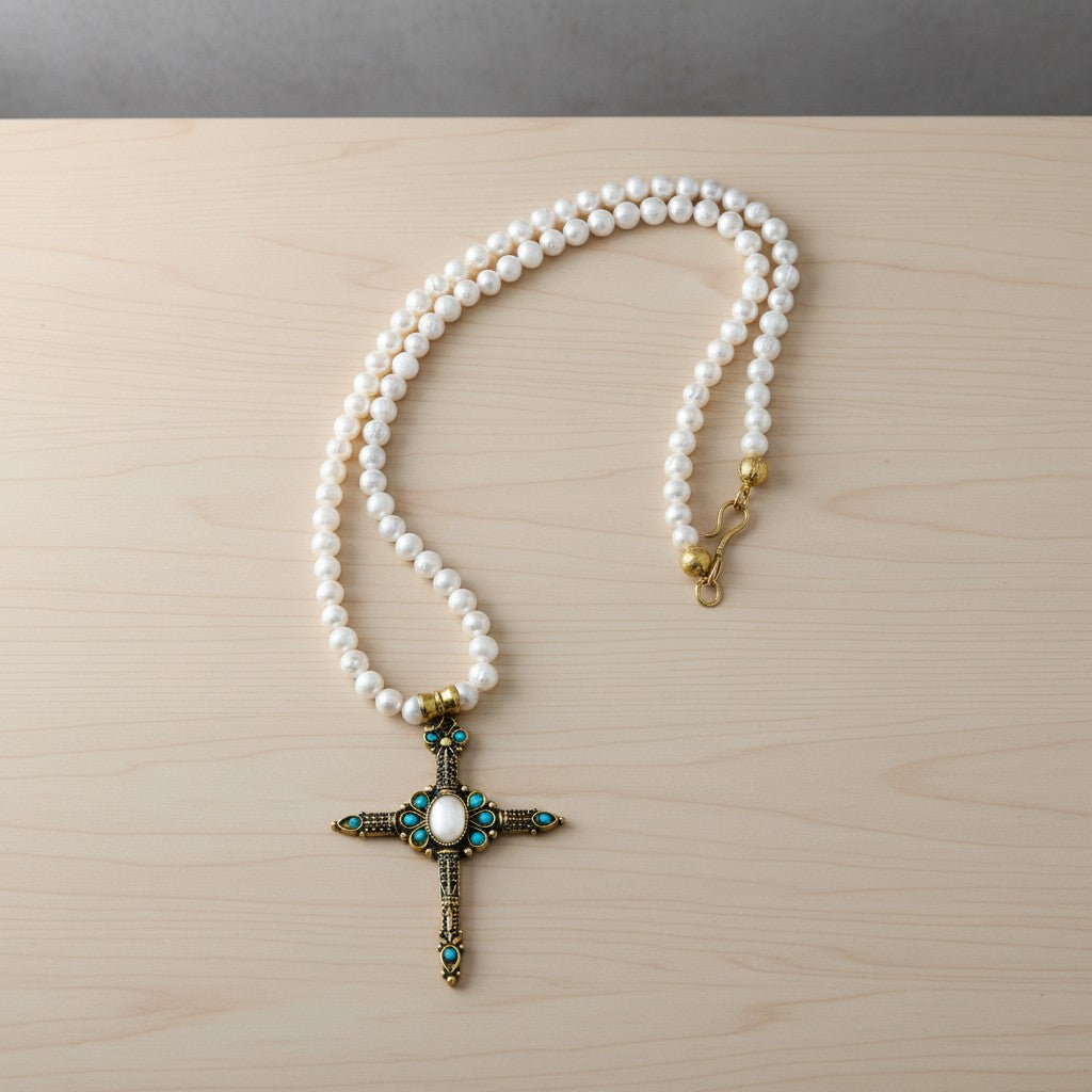 Pearl With Rose Quartz Cross Necklace
