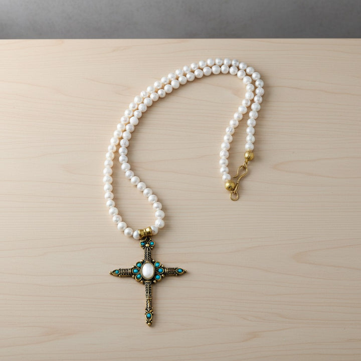 Pearl With Rose Quartz Cross Necklace
