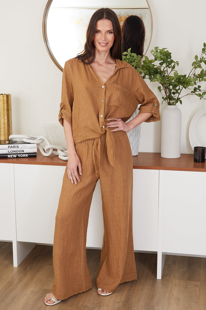 Solid Linen Smocked Waist Pant
