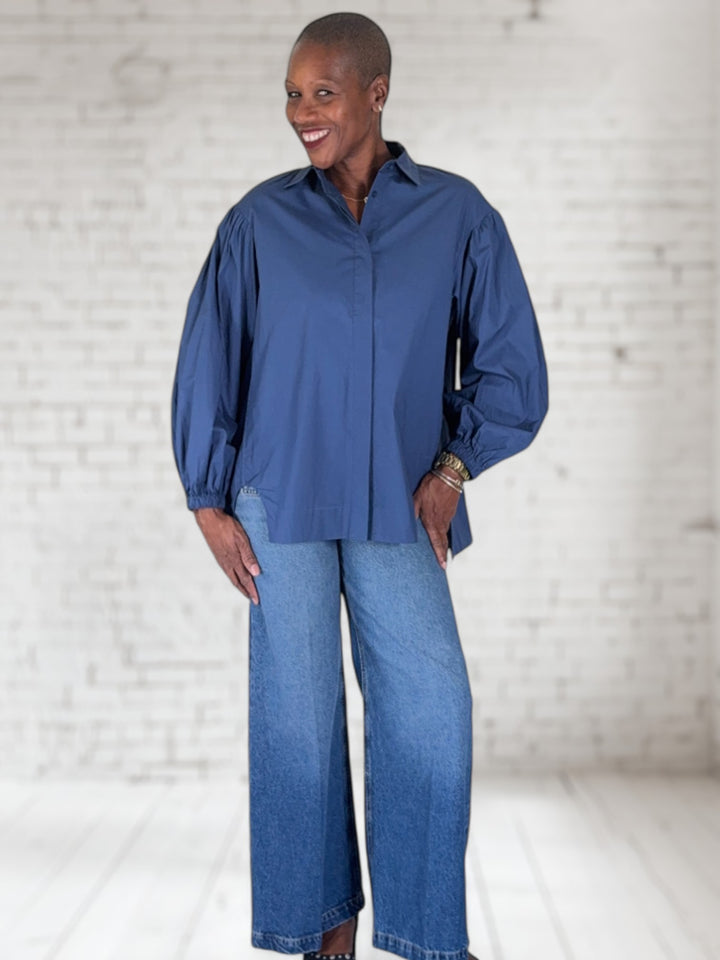 Puff Sleeve Poplin Button Up