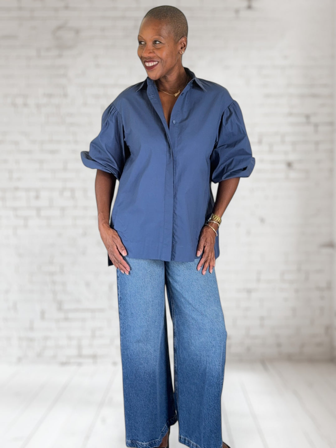 Puff Sleeve Poplin Button Up