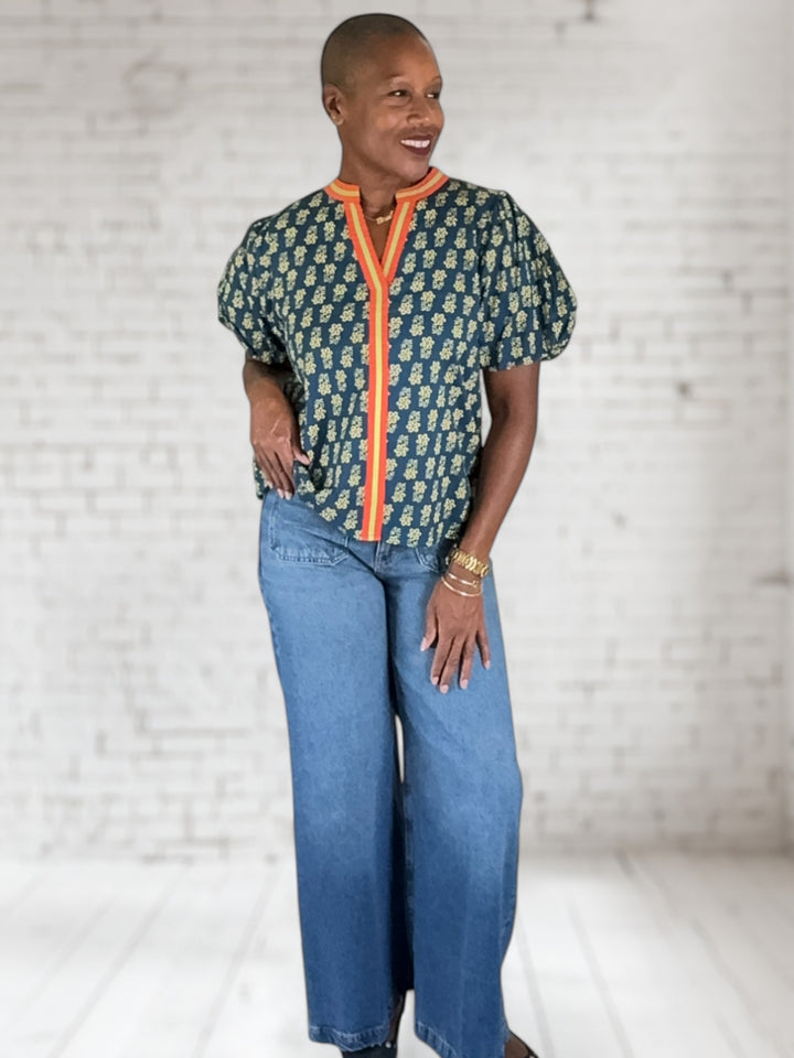 Orange Stripe Snap Top