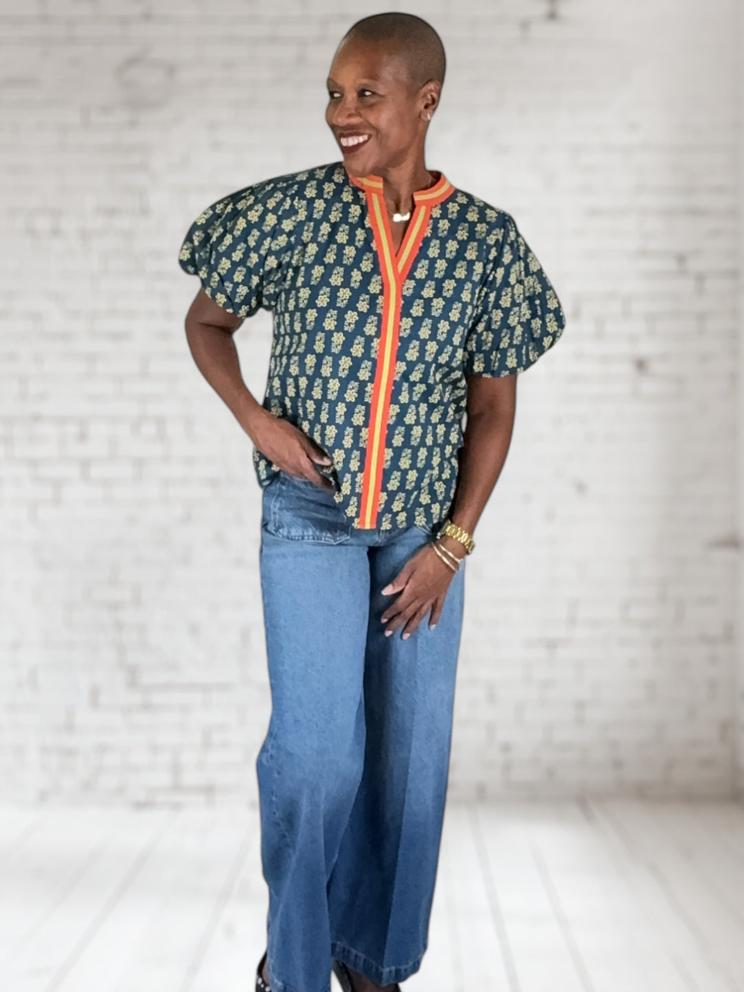 Orange Stripe Snap Top