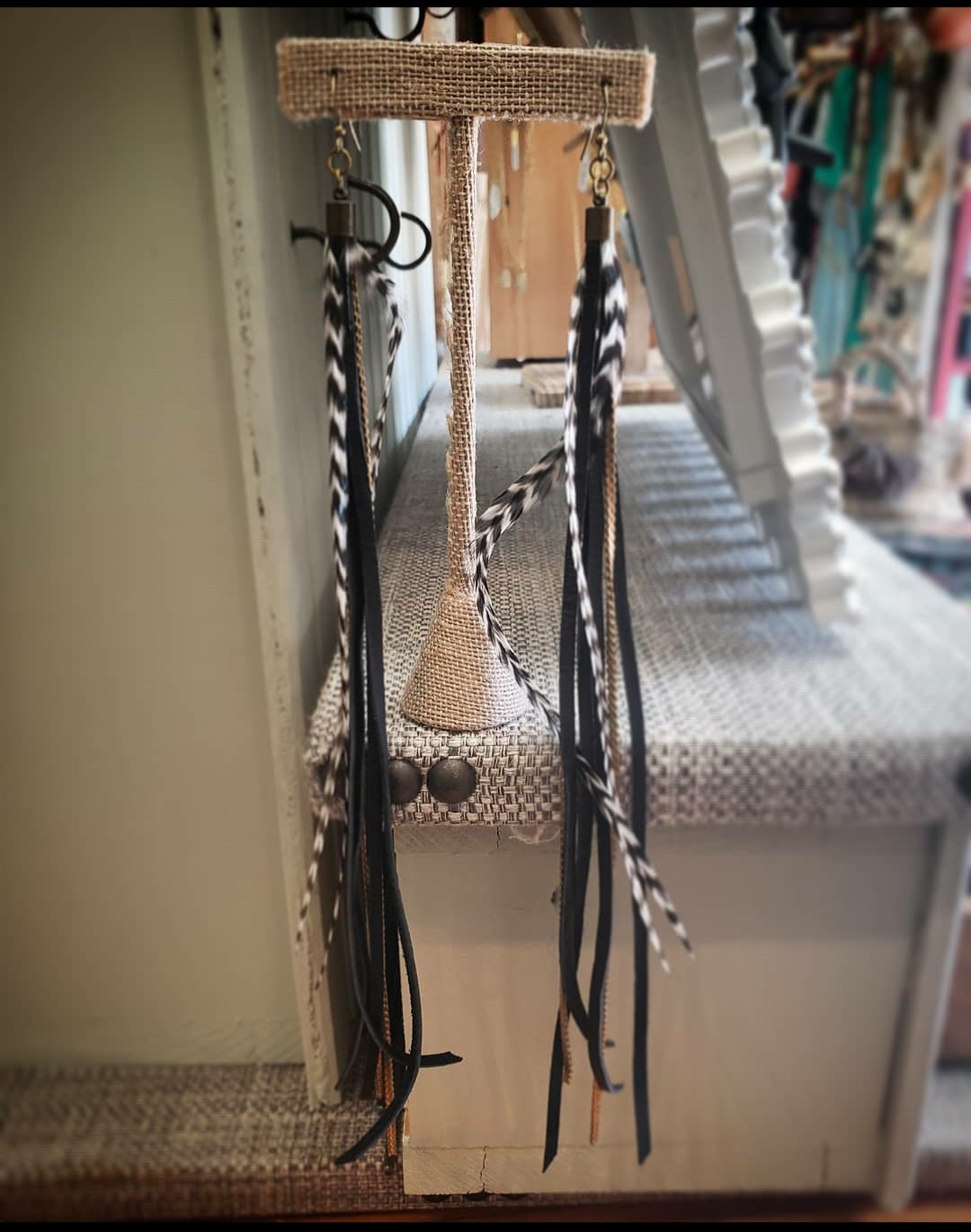 2 Chain Leather Feather Long Earrings
