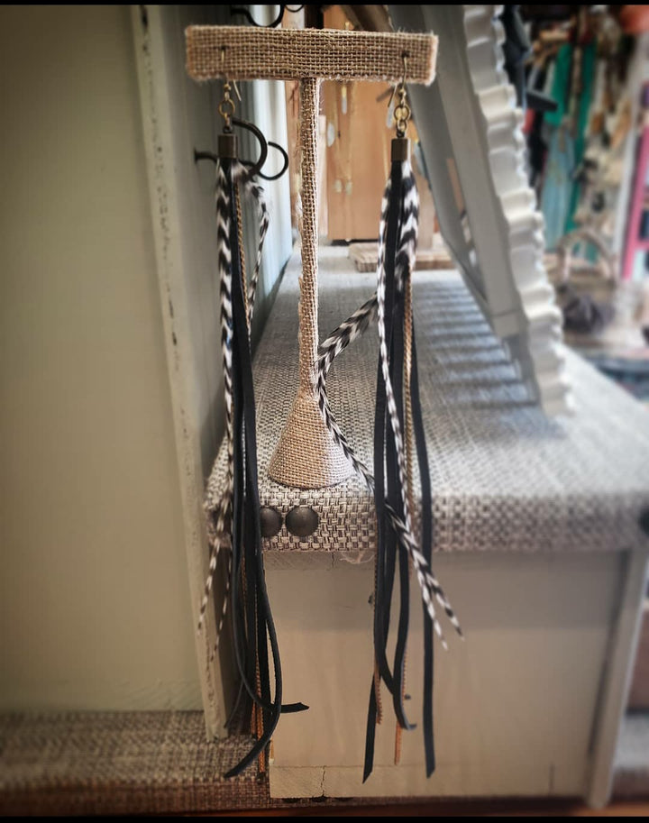 2 Chain Leather Feather Long Earrings