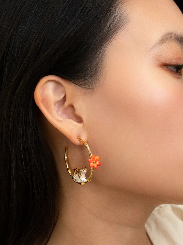 Tiger & Flower Bamboo Hoop Earrings