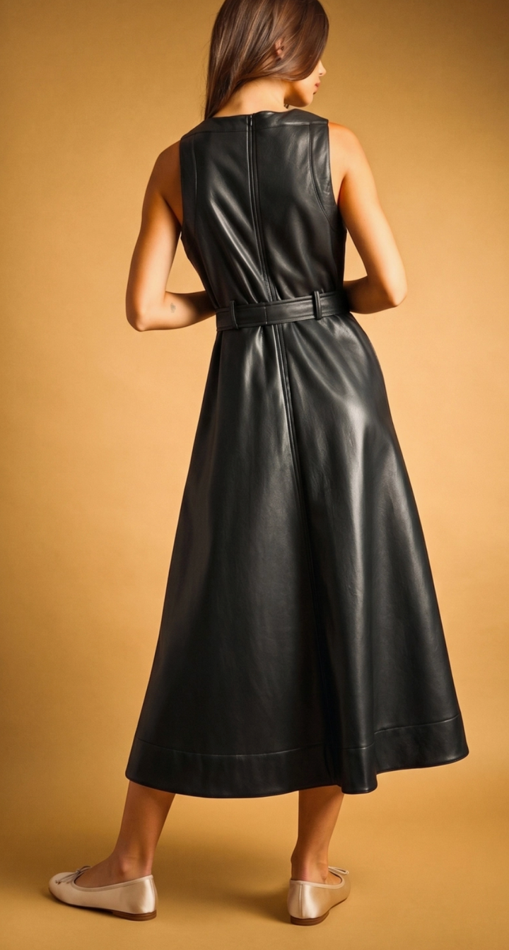 Faux Leather Sleeveless Midi Dress