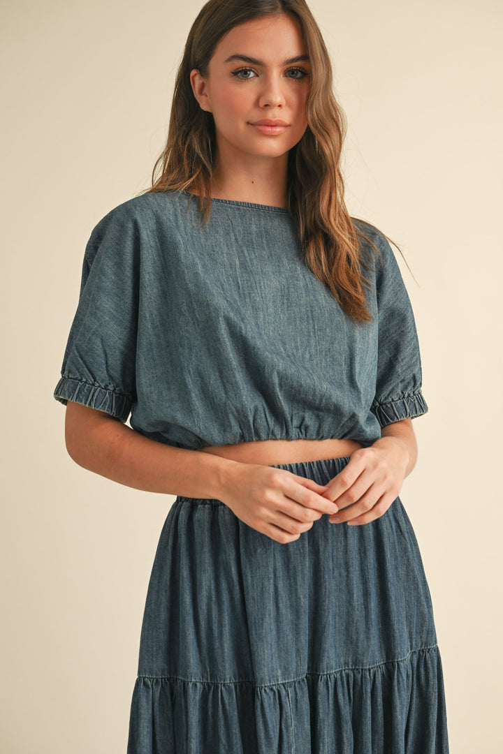 Short Sleeve Balloon Body Denim Top