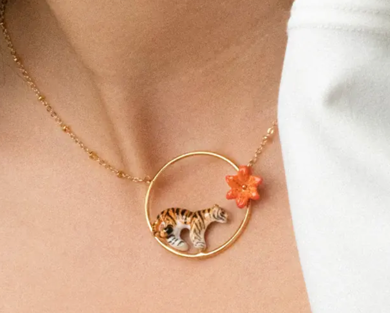 Tiger & Red Lily Mini Round Necklace