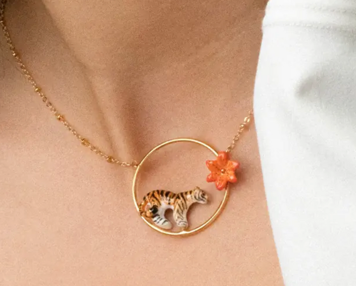 Tiger & Red Lily Mini Round Necklace