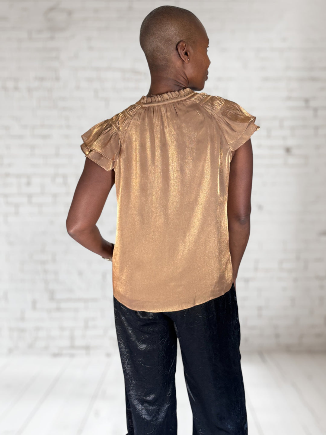 Tie Neck Ruffle Sleeve Top