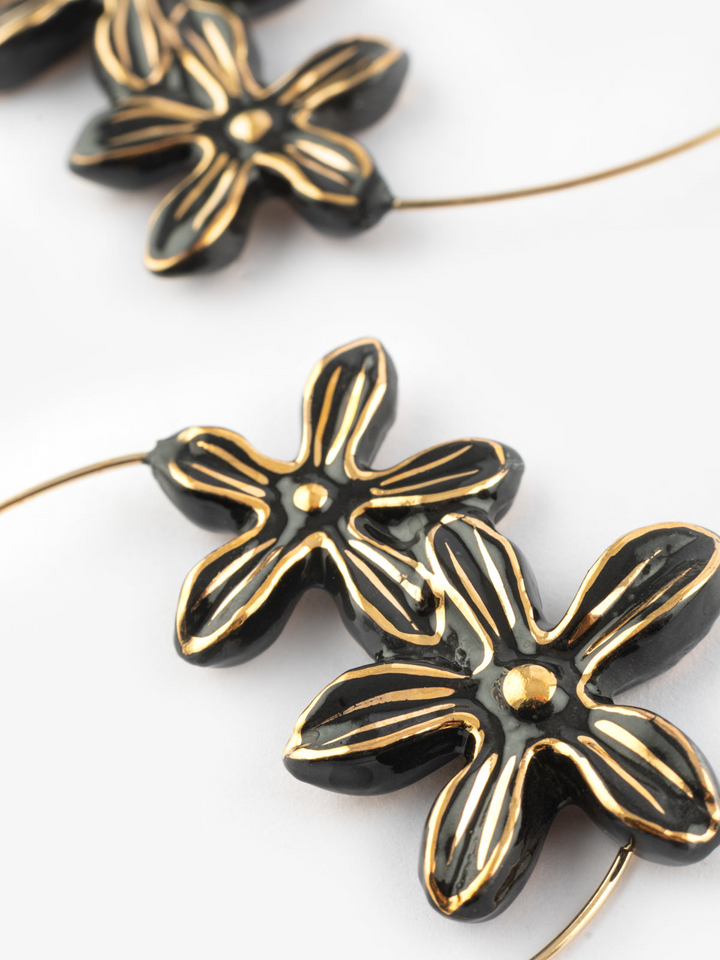 Black Erine Flowers Hoop Earrings