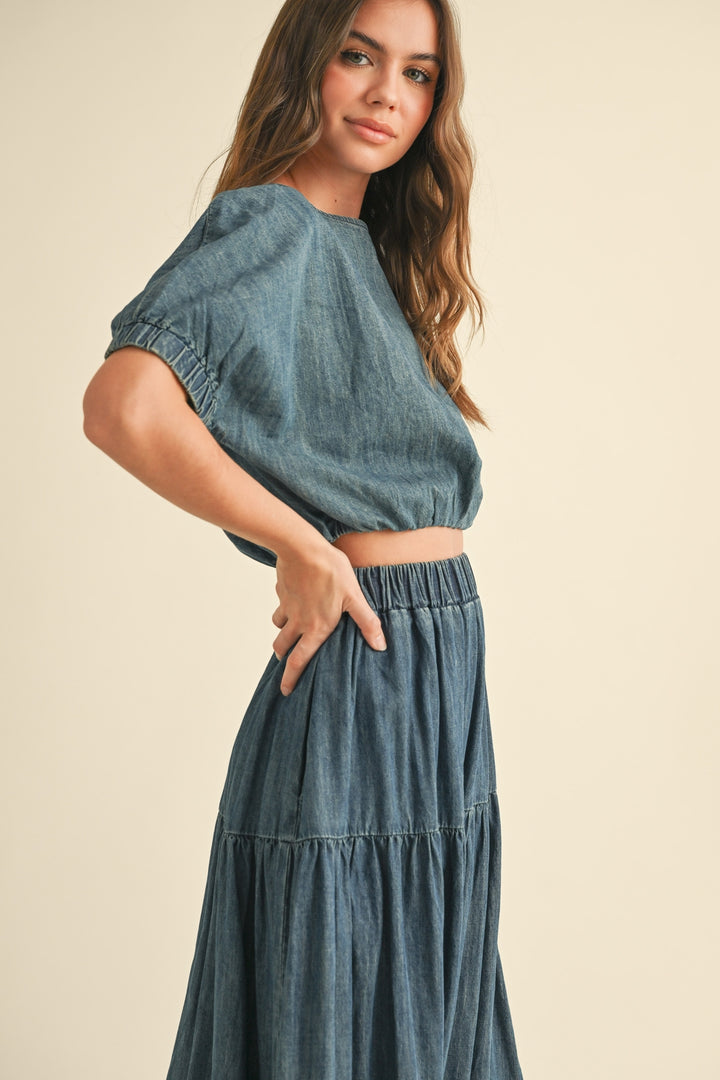 Short Sleeve Balloon Body Denim Top