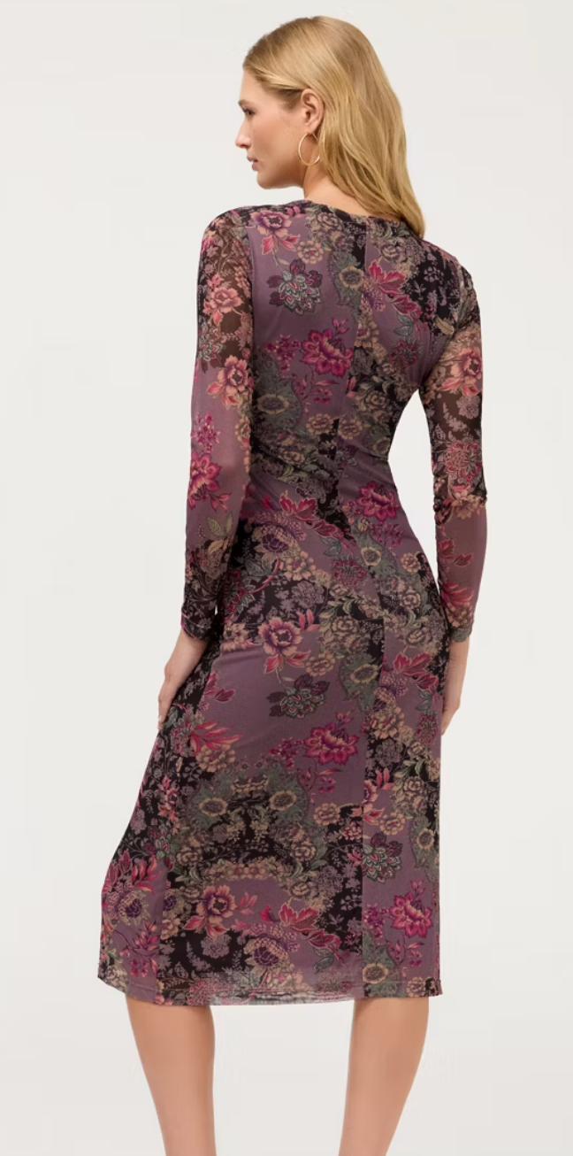 Long Sleeved Ruched Mesh Midi Dress