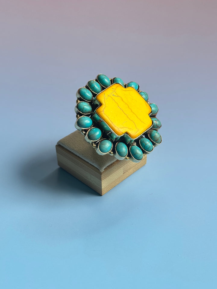 Yellow Cross Turquoise Adj Ring