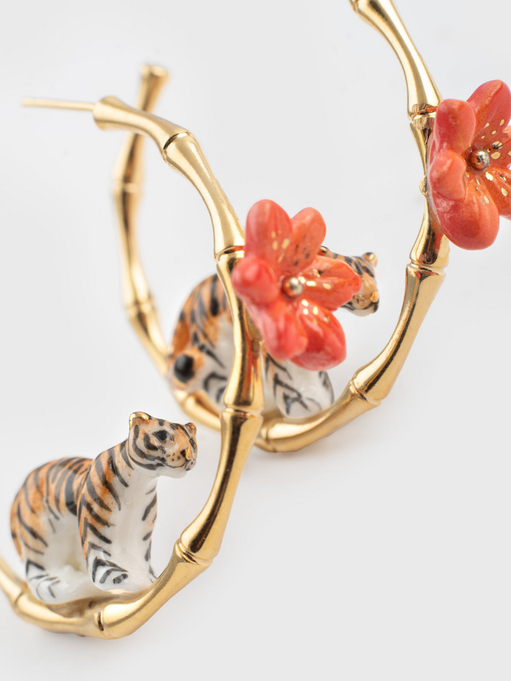 Tiger & Flower Bamboo Hoop Earrings