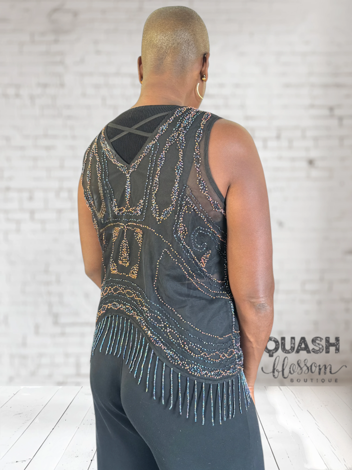 Western Sequin Mesh Fringe Top