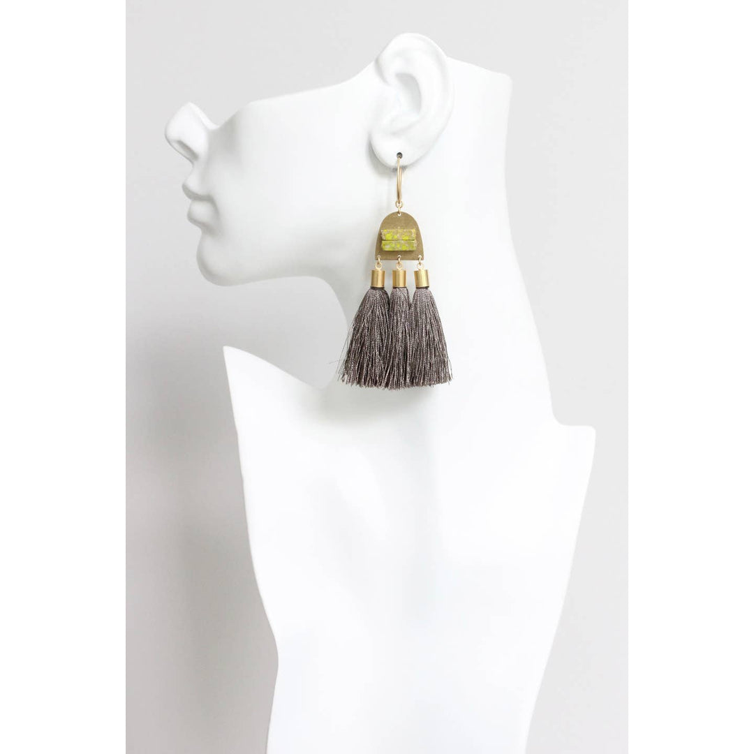 Green Jasp + Taupe Tassel Earrings