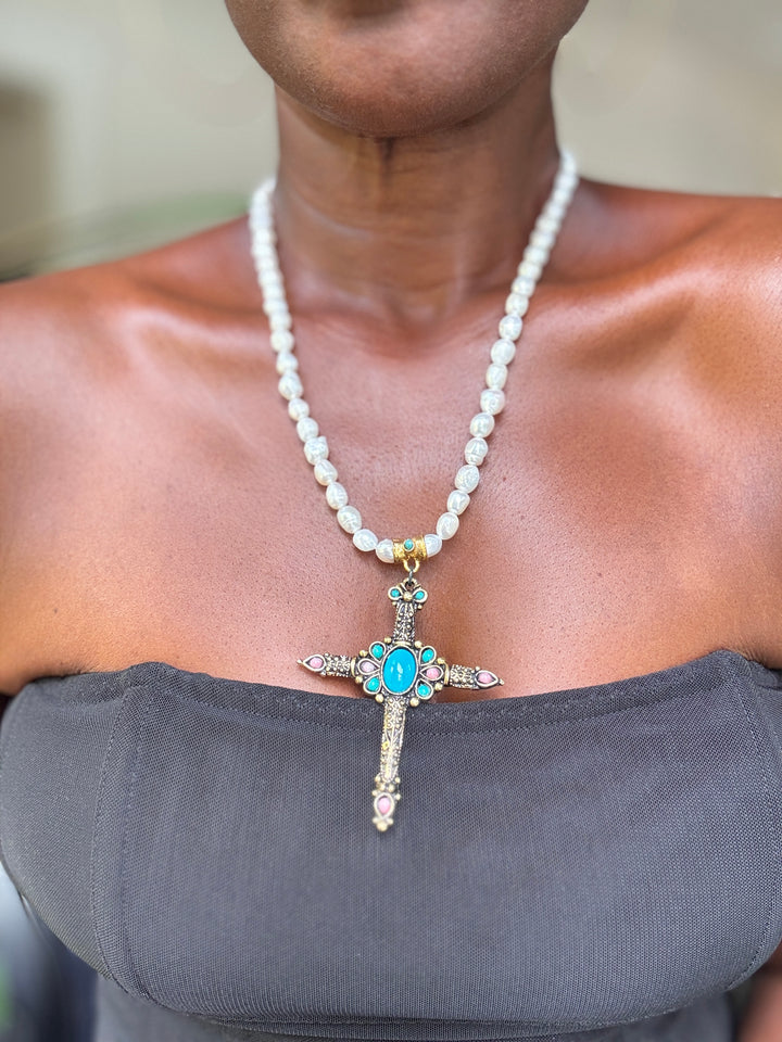 Freshwater Pearl Turquoise Cross Necklace
