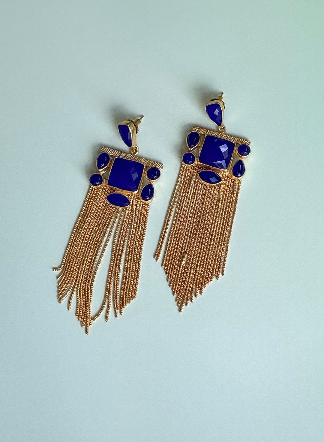 Stone Grid Fringe Earrings Lapis