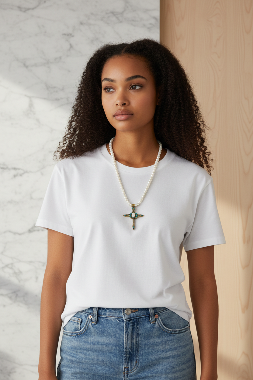 Pearl With Rose Quartz Cross Necklace