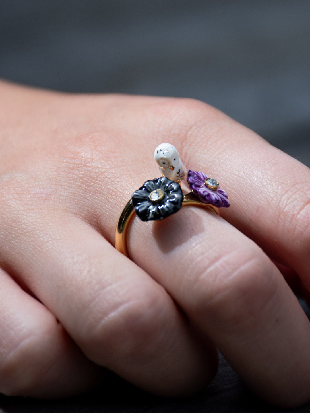 White Owl & Aster Flowers Ring