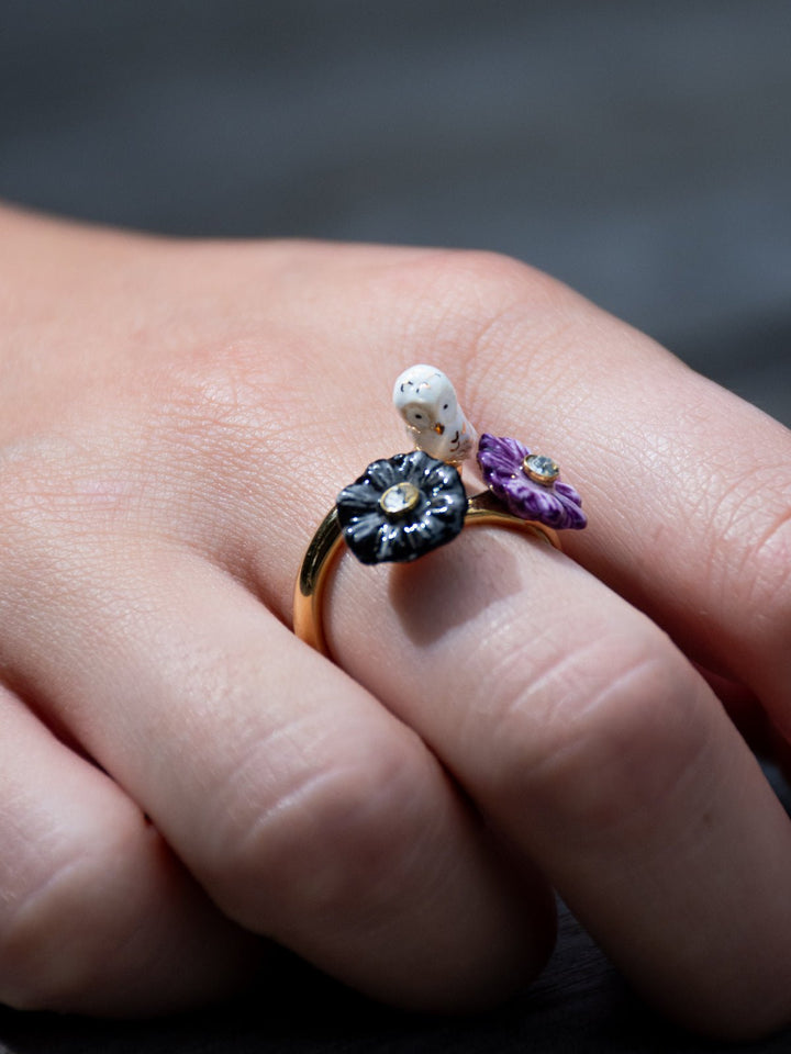 White Owl & Aster Flowers Ring
