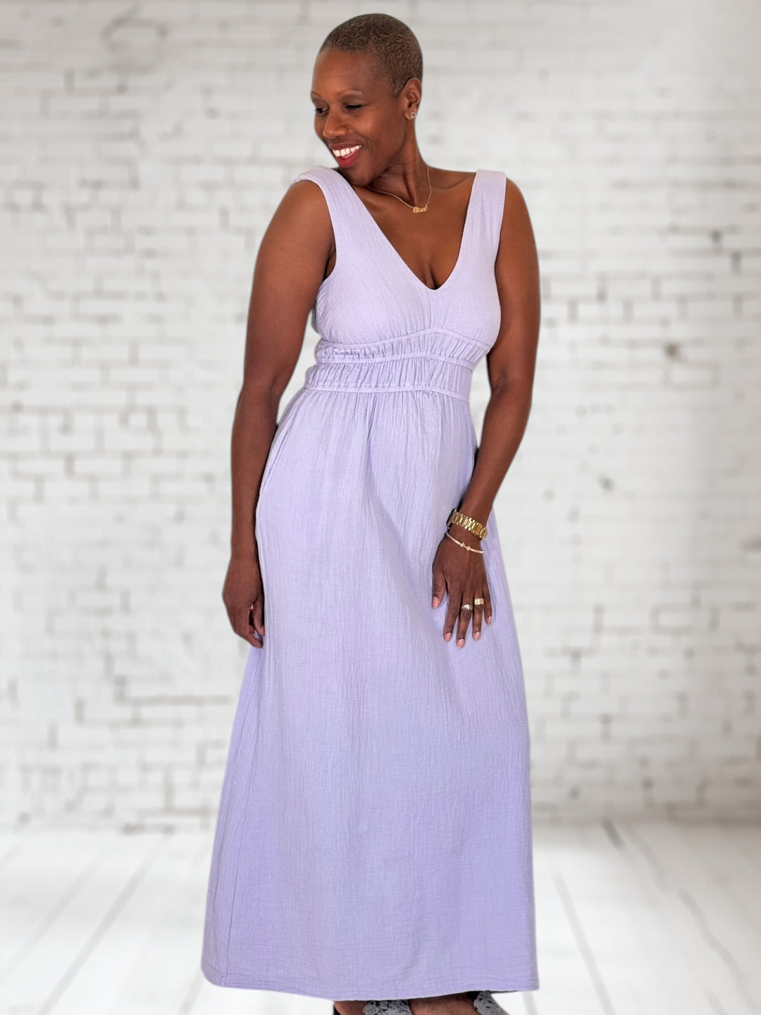 V-Neck Smocked Sleeveless Dress