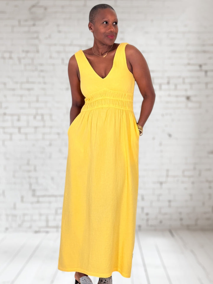 V-Neck Smocked Sleeveless Dress