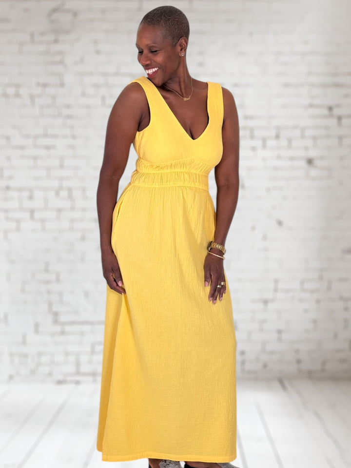 V-Neck Smocked Sleeveless Dress