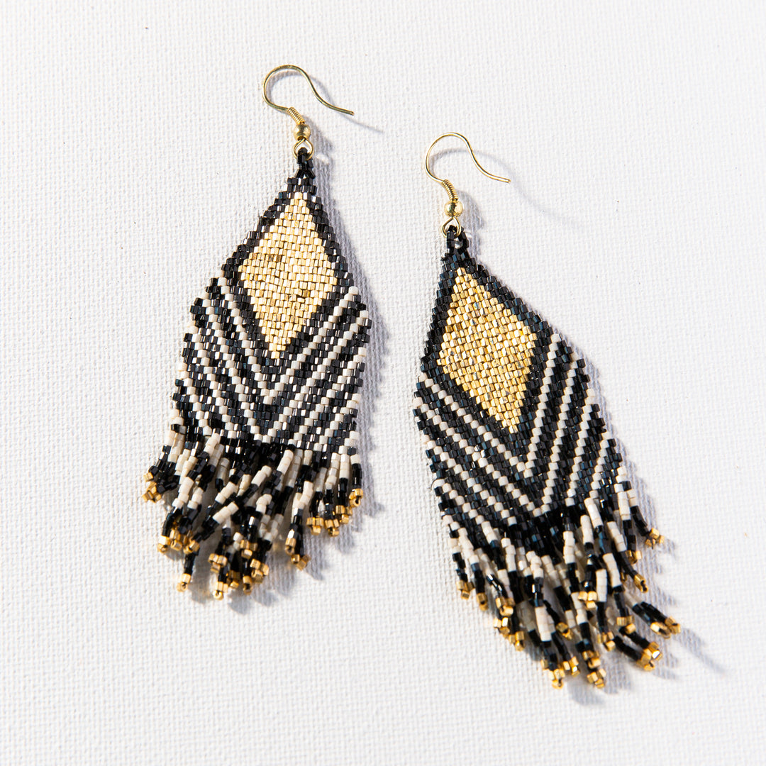 4" Black Ivory Stripe Fringe Earring