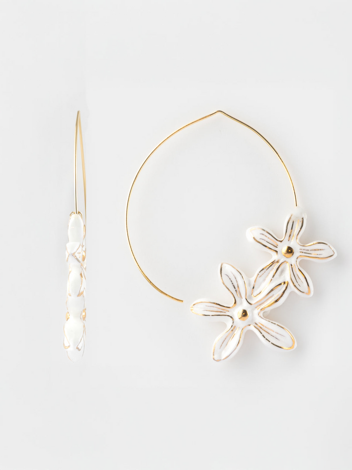 White Flowers Hoop Earrings