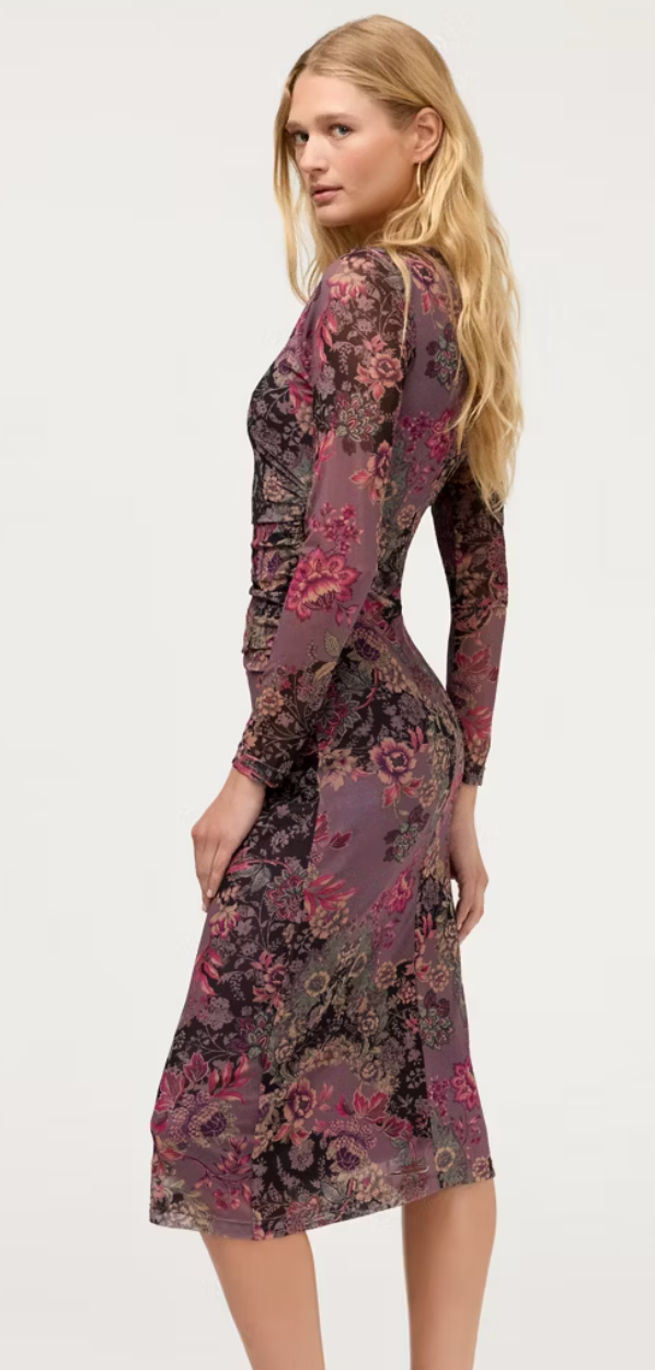 Long Sleeved Ruched Mesh Midi Dress