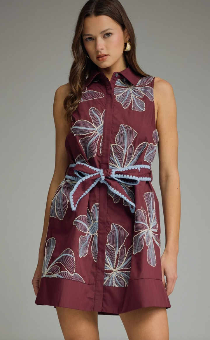 Belted Embroidered Print Dress