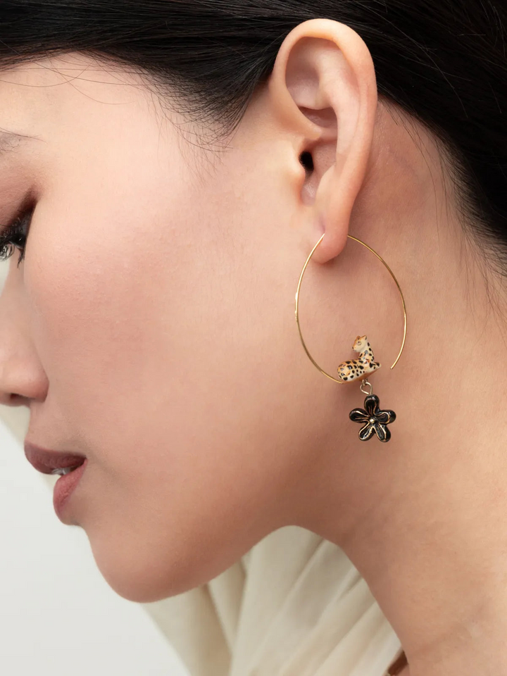 Lying Leopard & Flower Hoop Earrings