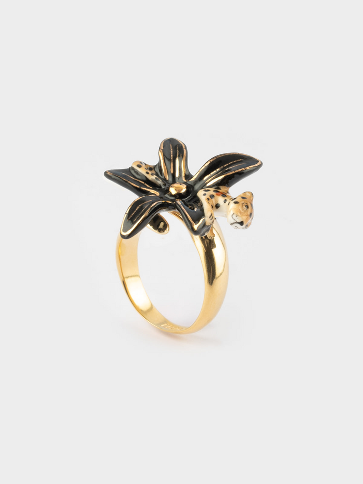 Black Erine Flower & Leopard Ring