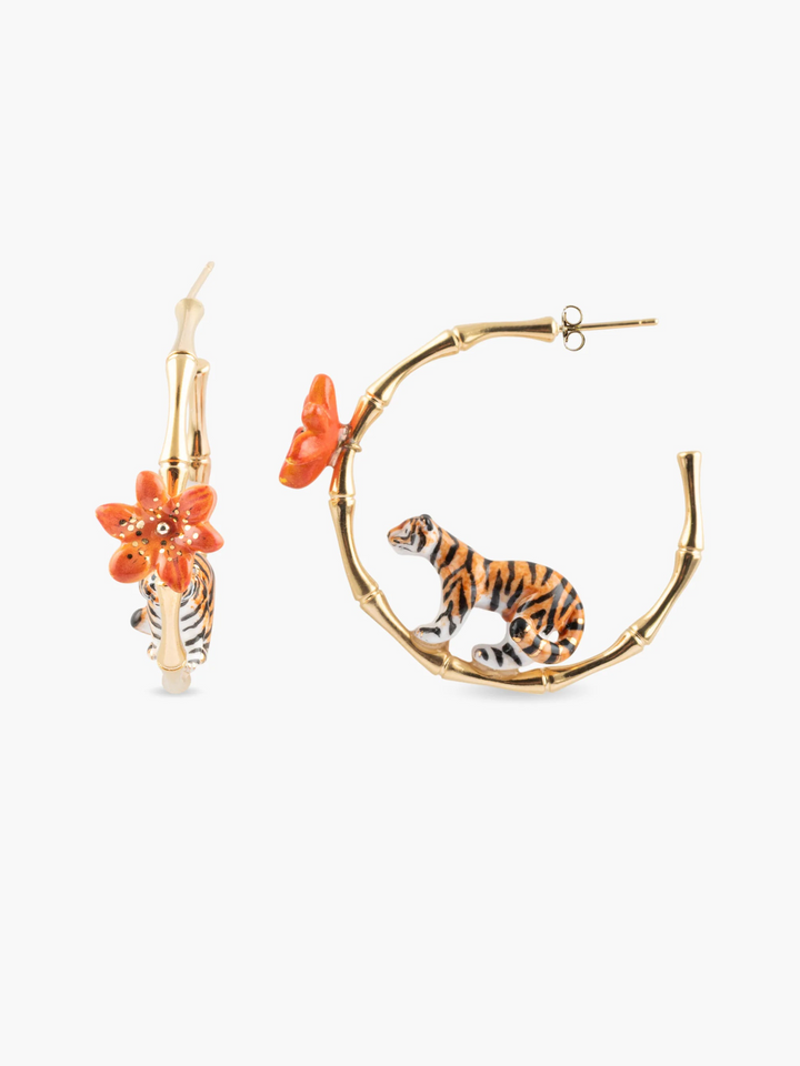 Tiger & Flower Bamboo Hoop Earrings