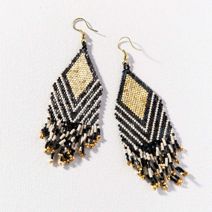4" Black Ivory Stripe Fringe Earring