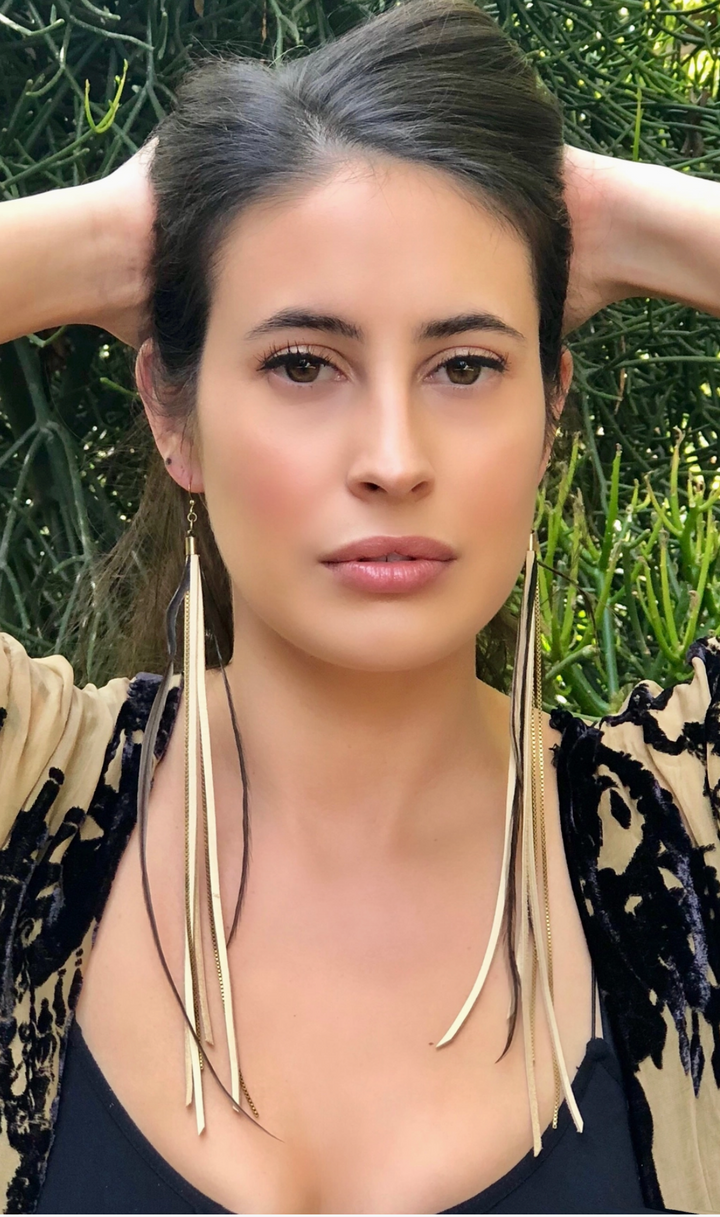 2 Chain Leather Feather Long Earrings