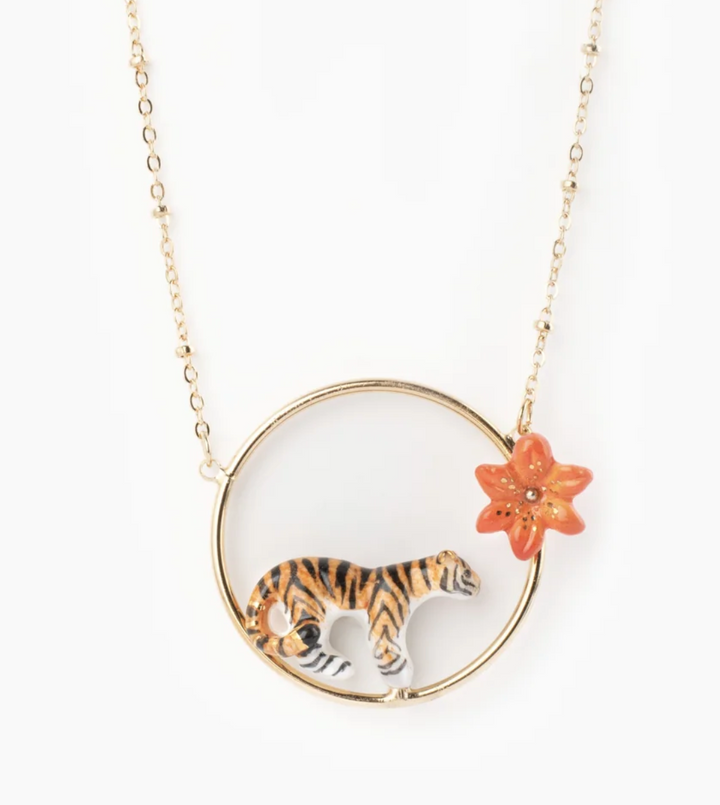 Tiger & Red Lily Mini Round Necklace