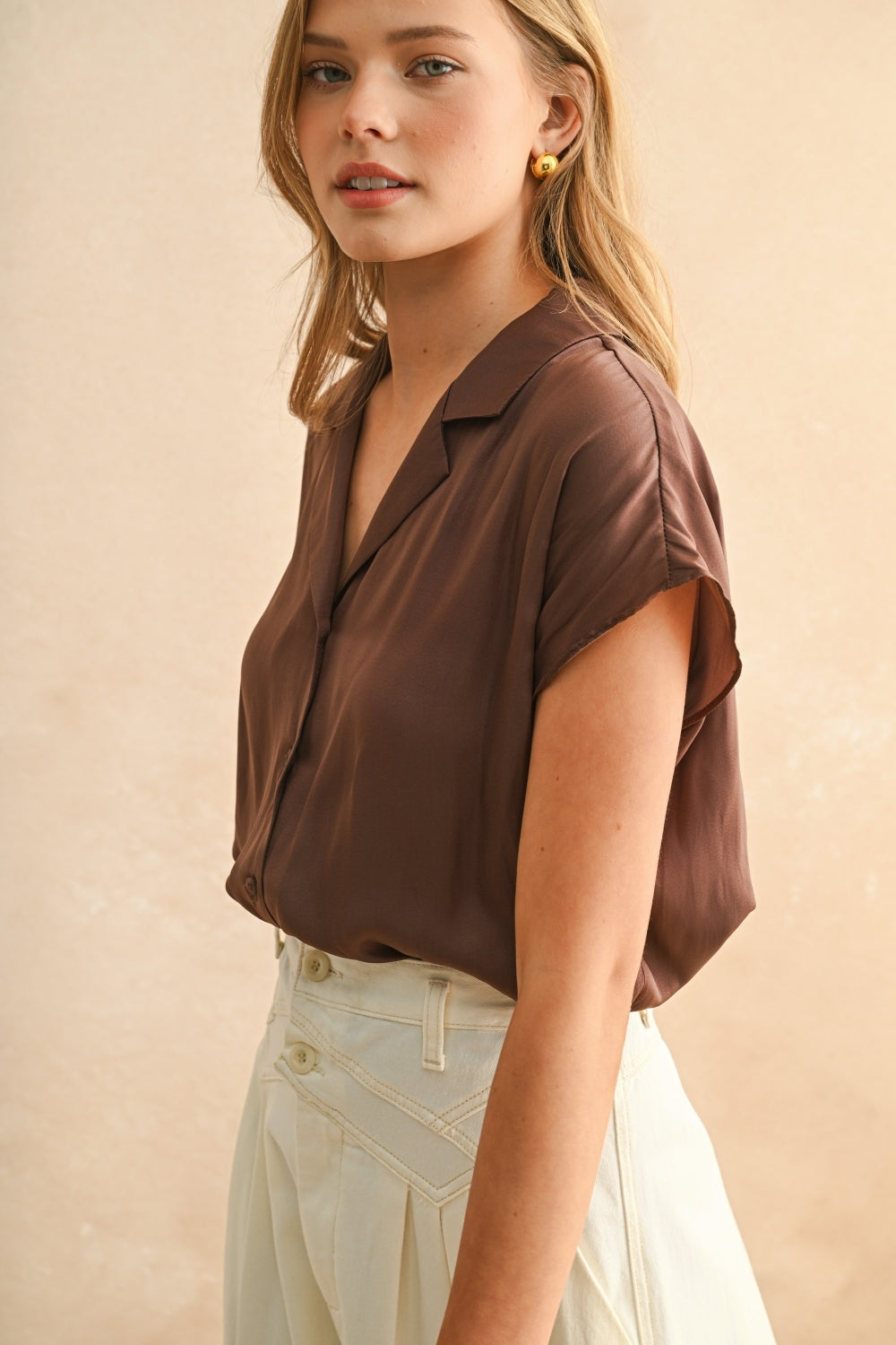 Button Down Cap Sleeve Shirt